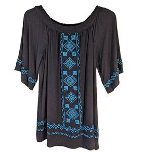 Flying Tomato Off Shoulder Dress Black with Turquoise Embroidery